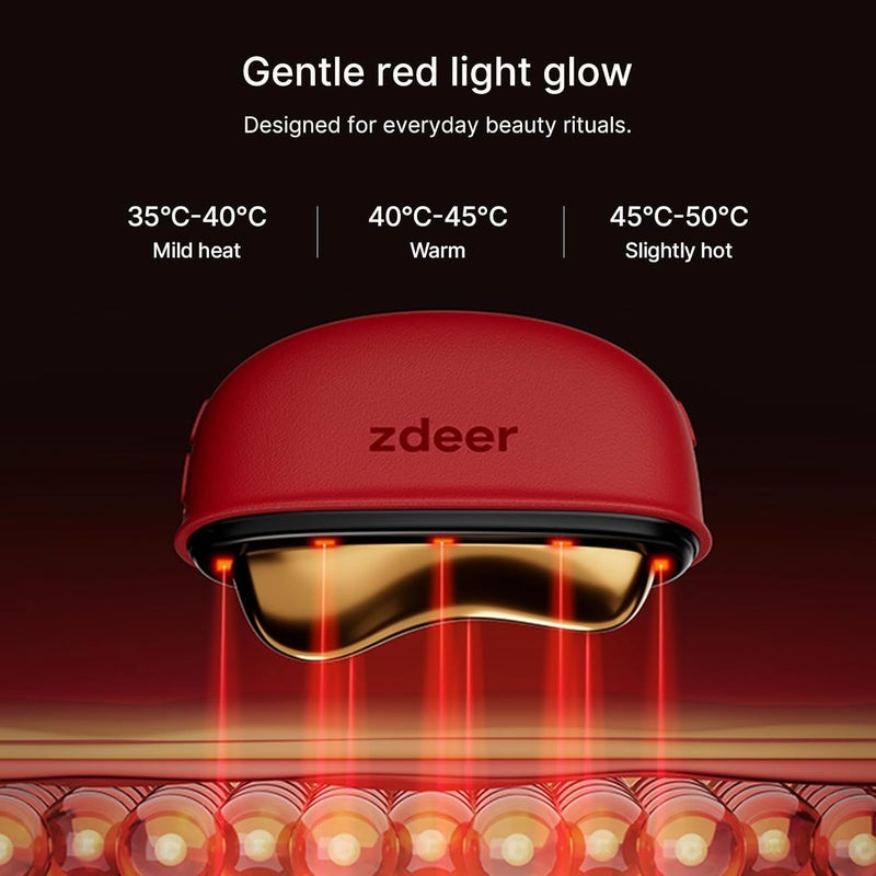 zdeer LED Red Light for Face & Neck Massager Facial Care Device – Electric Gua Sha Brass Tool with Heat & Vibration for Firming, Sculpting & Skincare, Red - Image 3